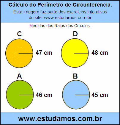 Calcular o Perímetro de Circunferência Com Raio de 45 cm, Circunferência  Com Perímetro Total de 282,6 cm, Exercício de Matemática On-Line.